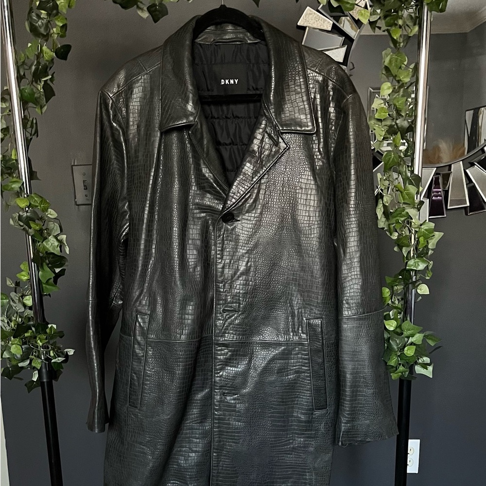 DKNY Textured Black Leather Trench Coat